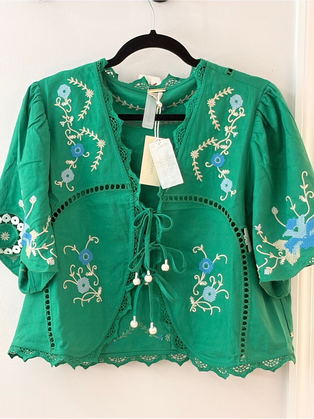 NWT Cotton/Linen Green Embroidered Tie Front Top - Picture 6 of 12